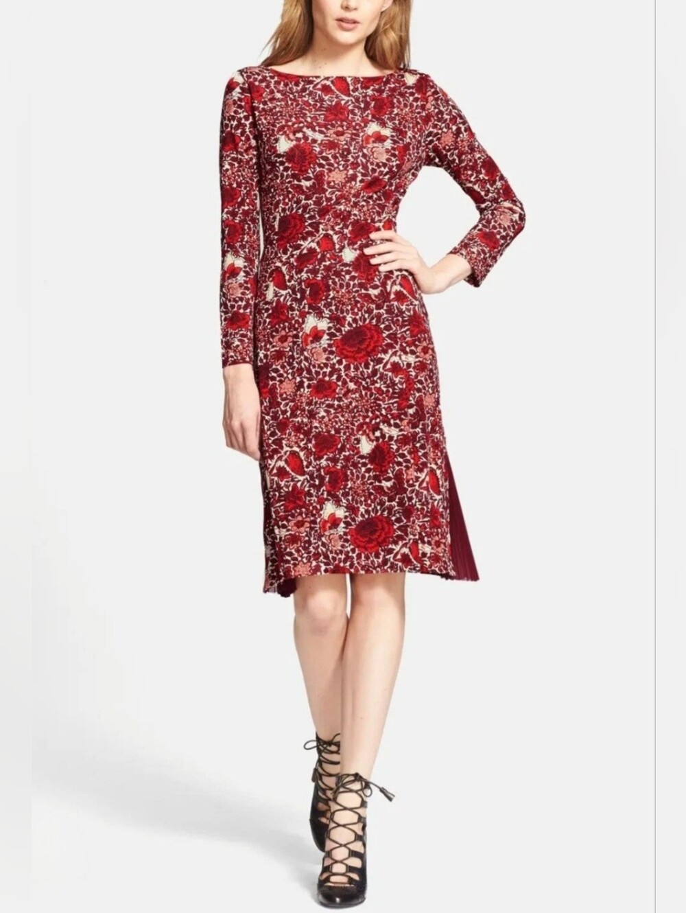 Tory Burch Red Floral Long-Sleeve Knit Dress